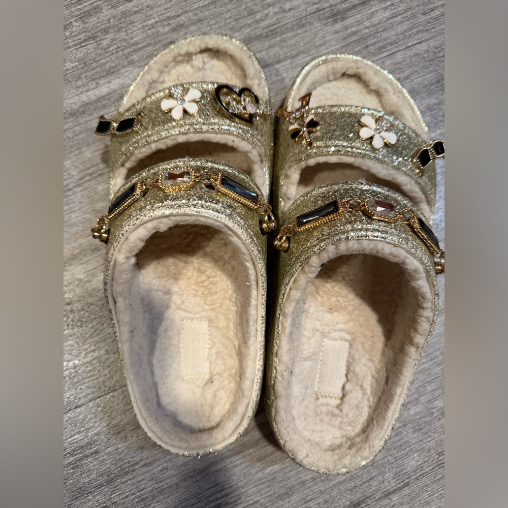 CROCS Gold and Cream Mules with Gold Black Decorative Charms
